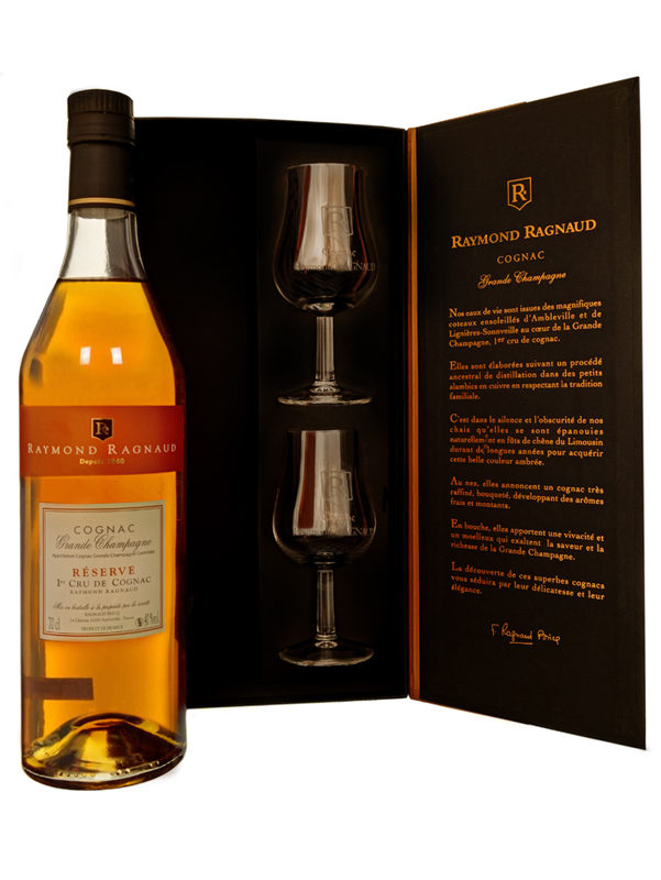 Raymond Ragnaud Vieille Réserve Grande Champagne Cognac in Presentation Box with two Engraved Glasses - Damaged Label
